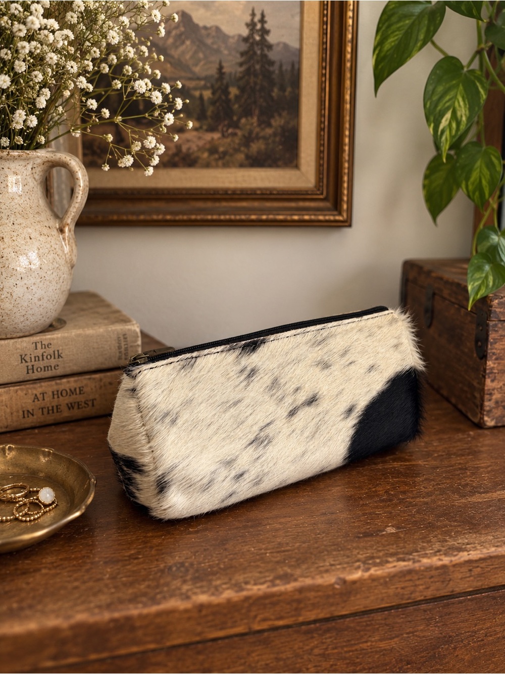 Myra Bag Hair On Cream and Black Cowhide Travel Pouch